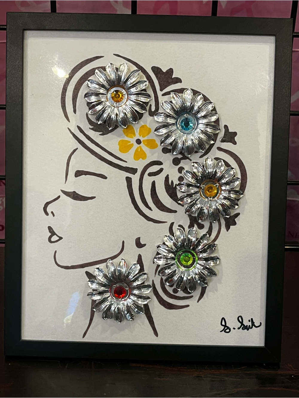 Hand Crafted Silver Floral Head Profile Wall Art with Multicolor Gems - Picture 8 of 11